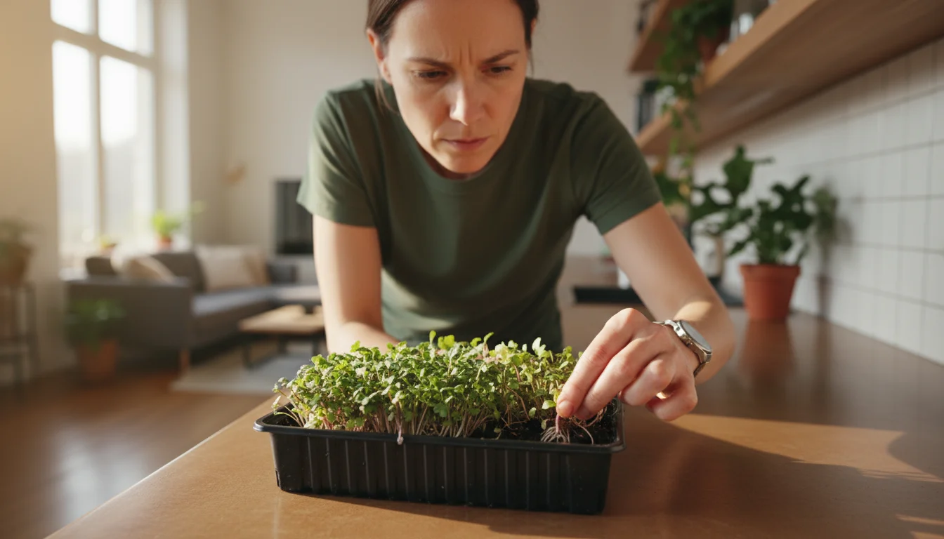 Person leaning in, inspecting a microgreen tray on a kitchen counter, hand gently parting seedlings to check for issues.