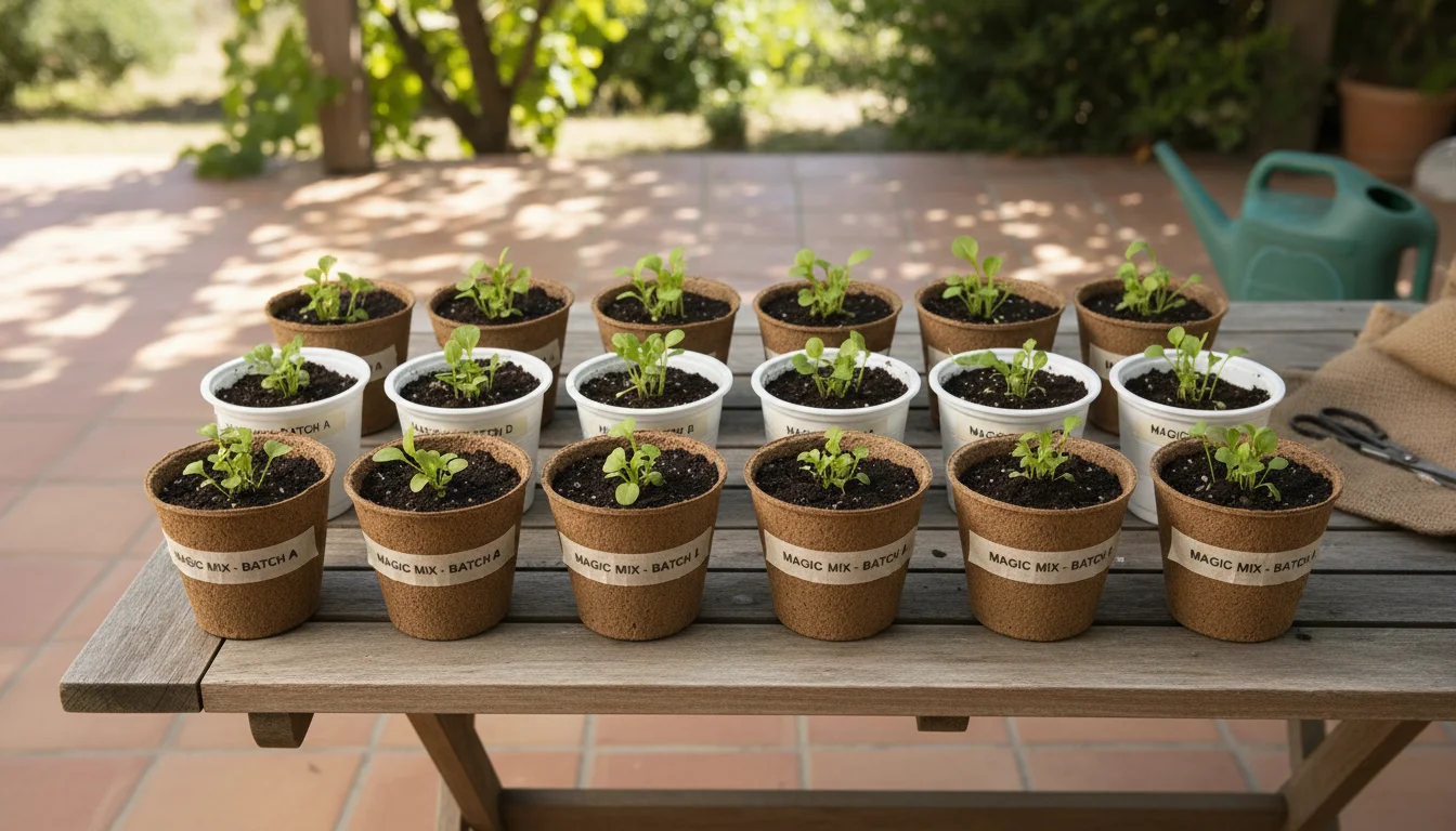 A person leans over a small patio table, closely observing tiny seedlings emerging in labeled biodegradable pots filled with tested potting mix.