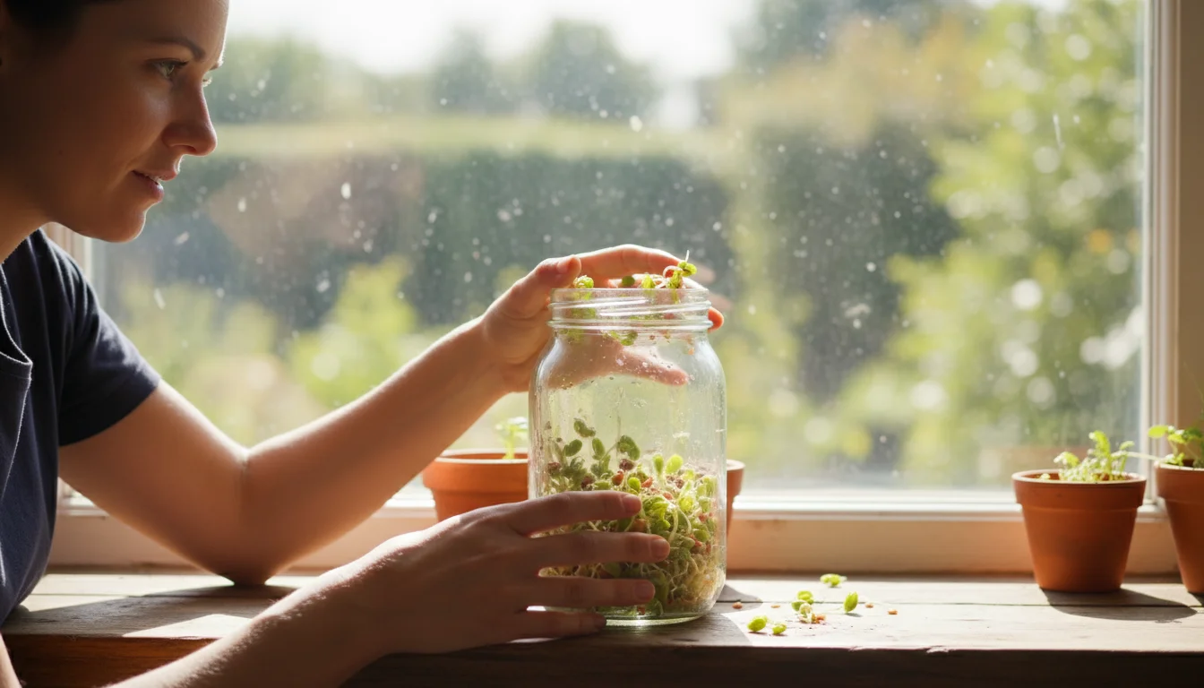 A person leans over a sunlit kitchen windowsill, gently turning a mason jar filled with bright green lentil sprouts.