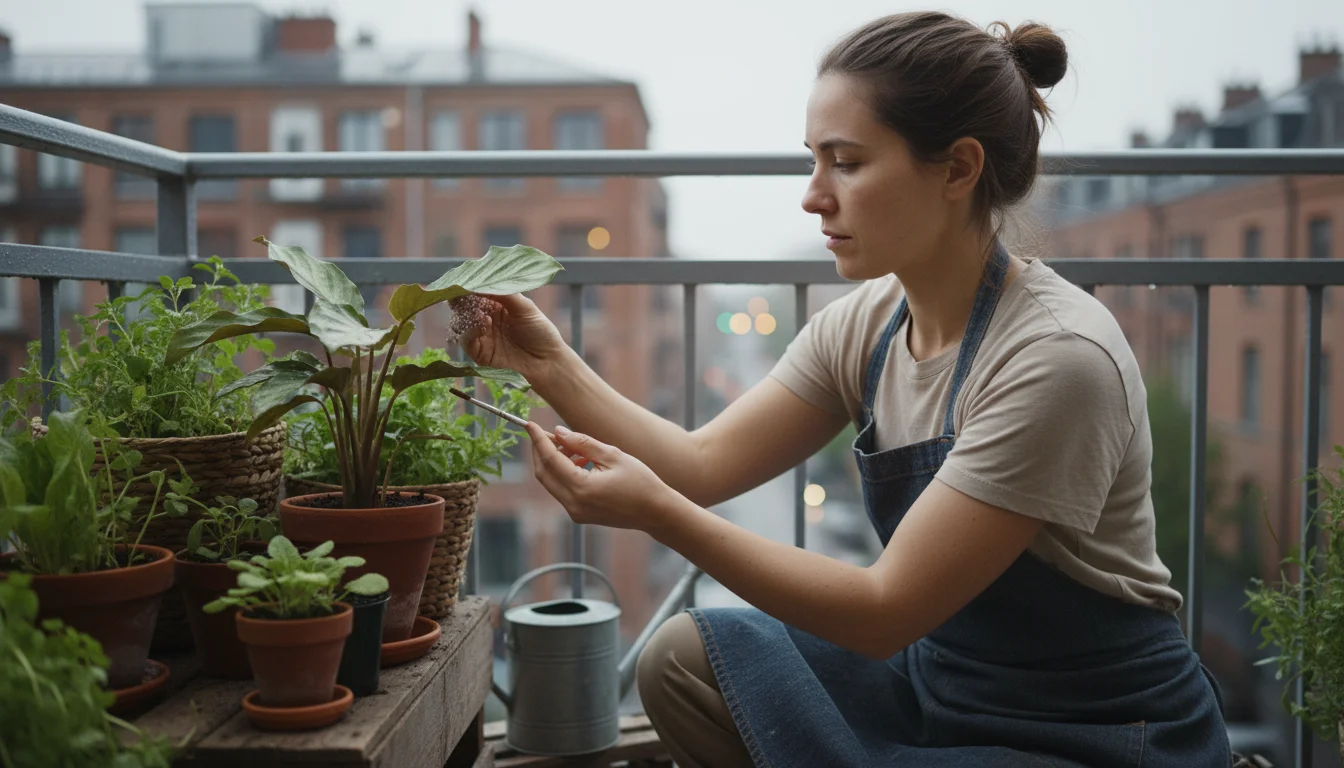 A person gently lifts a lower leaf of a container plant while shaking a spray bottle of neem oil solution on a calm, diffused-light patio.
