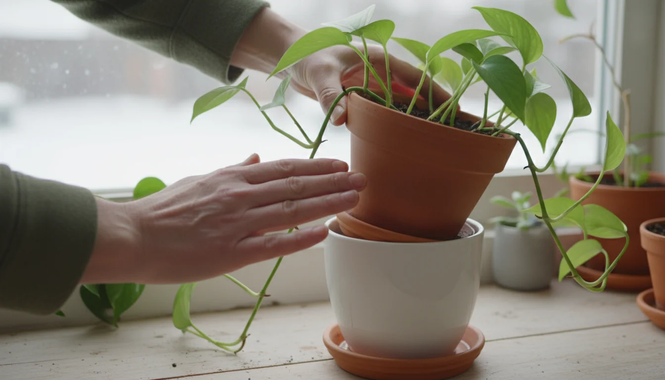 A person gently lifts a Pothos plant in a terracotta pot from its cachepot to check for water, near a window.