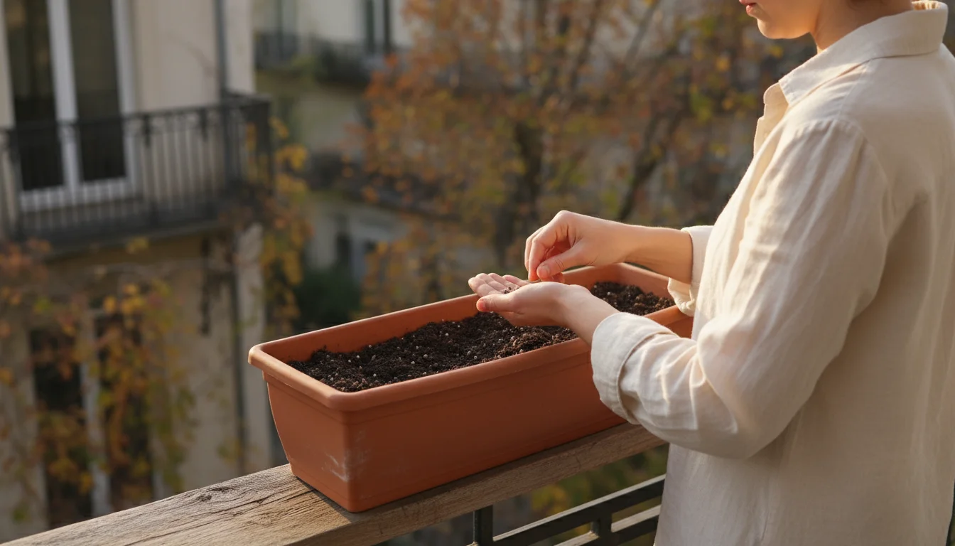 A person in a light long-sleeved shirt plants seeds in a window box on a balcony railing. Late afternoon sun filters through, casting soft shadows.