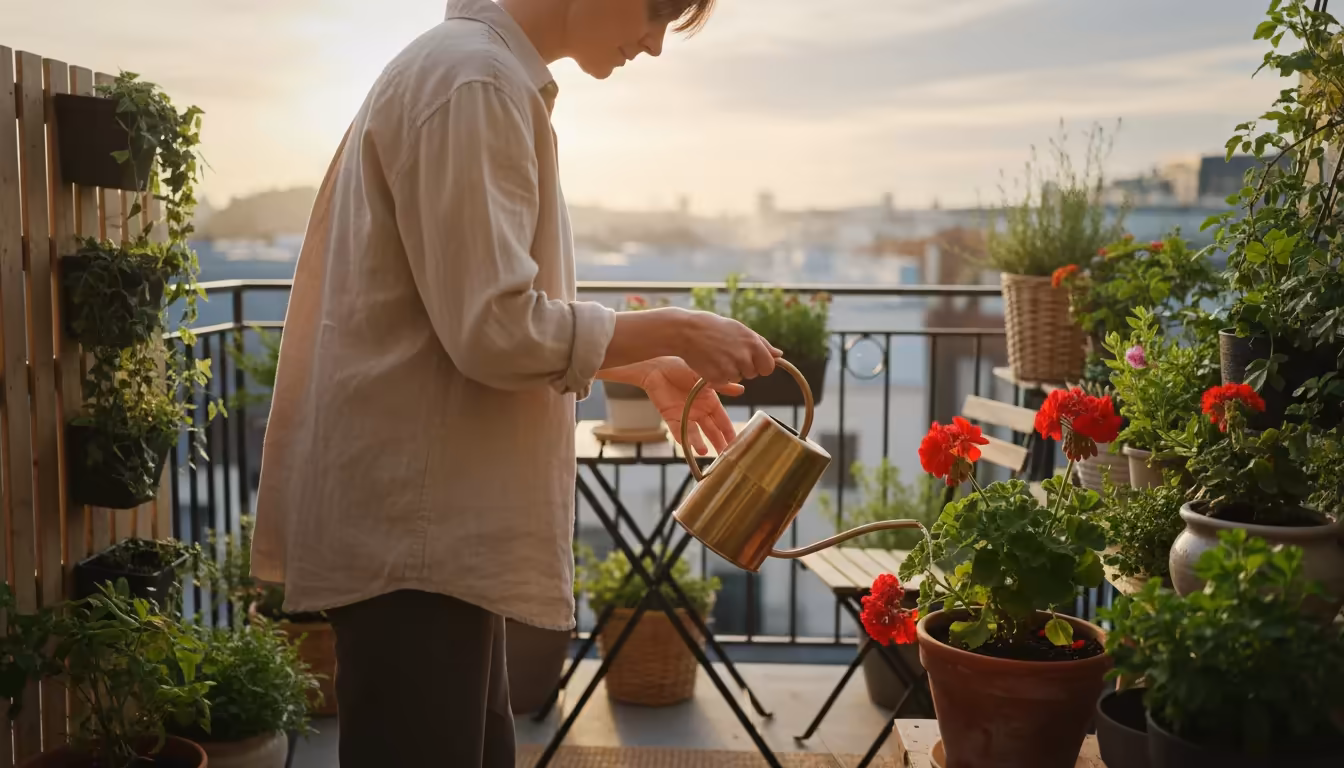 Person in linen shirt attentively watering a red geranium in a terracotta pot on a balcony, surrounded by healthy container plants.
