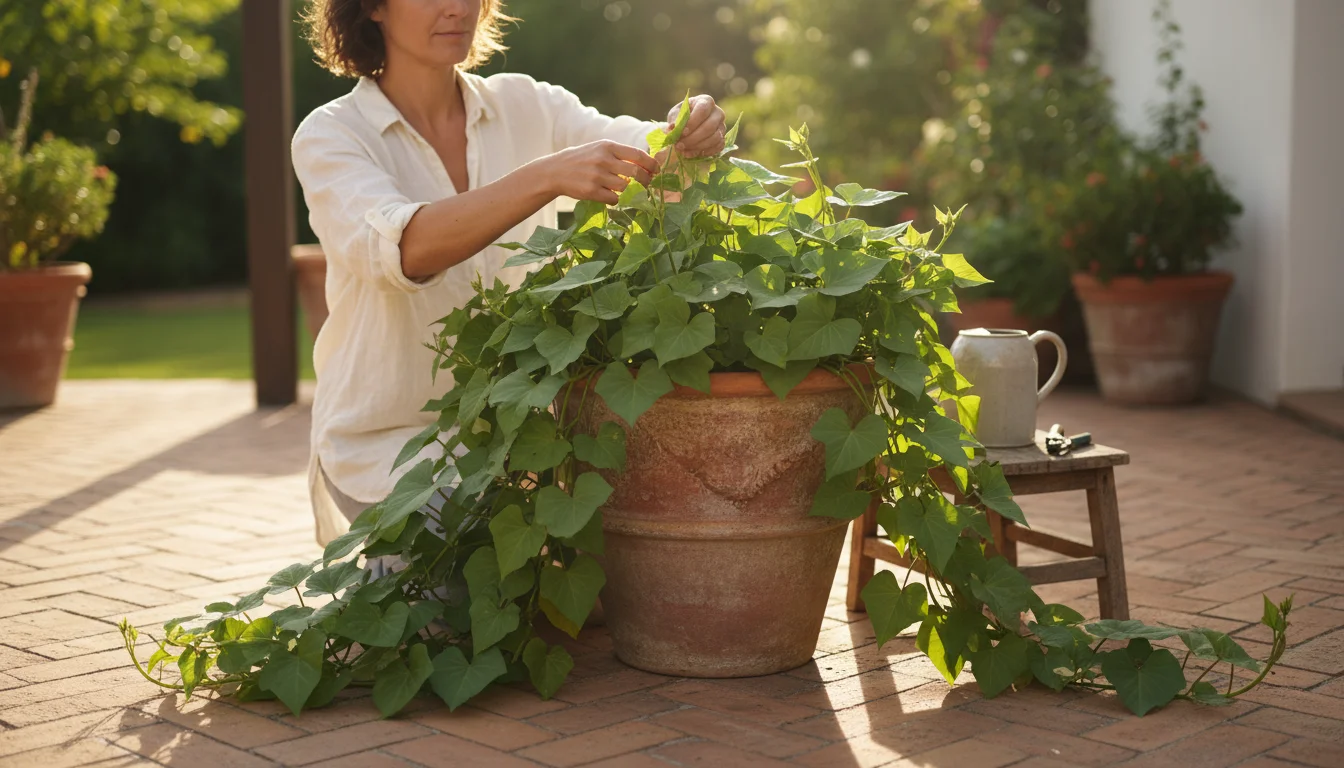 A person in a linen shirt gently prunes vigorous sweet potato vines spilling from a large terracotta pot on a sunny patio, with trimmed leaves nearby.