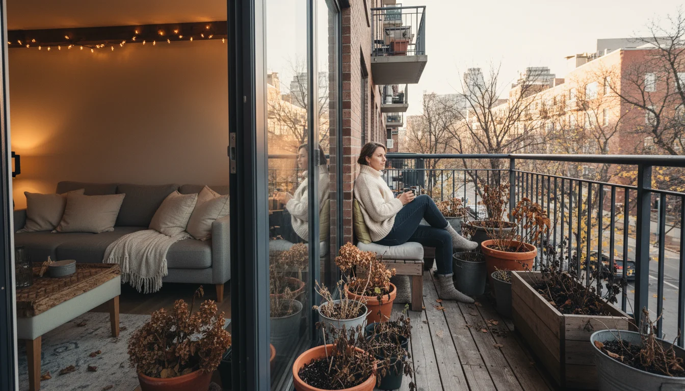 A person looks from indoors onto a small urban balcony garden with dried, brown plants in containers, holding a notebook.