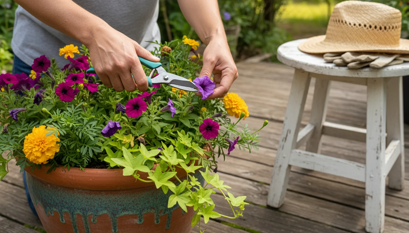 Person making a clean cut on a spent petunia bloom with bypass pruners in a container garden, with gardening tools nearby.