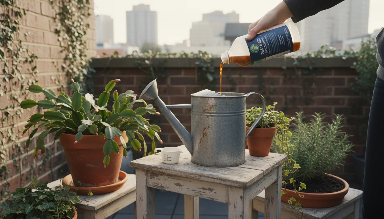 A person carefully measures liquid plant fertilizer into a watering can on a weathered stool on a small patio, with a potted Christmas Cactus nearby.