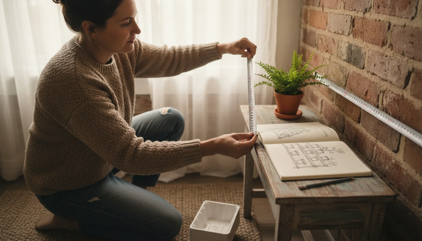 A person measures a narrow wall section in an apartment, with an open notebook showing a shelf sketch on a nearby side table.