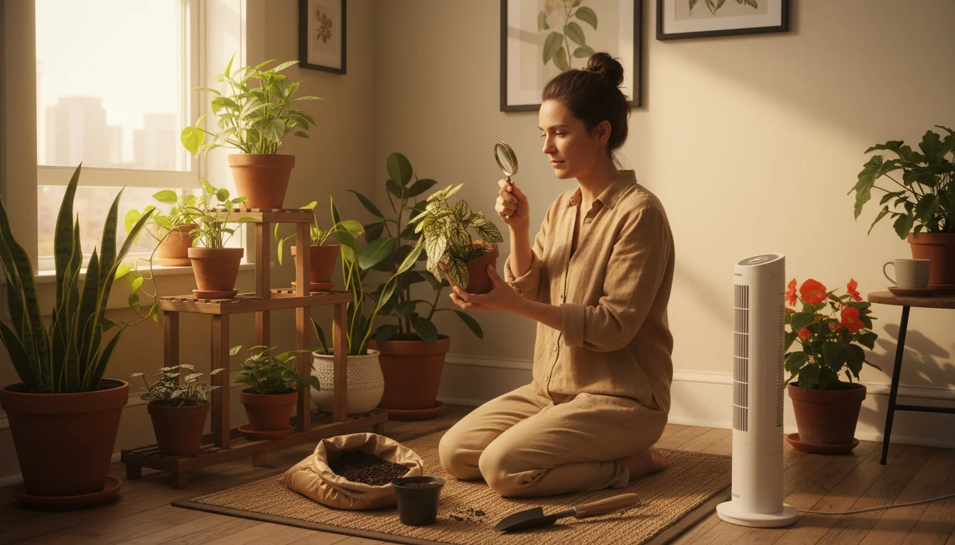 A person meticulously inspects the underside of a peperomia leaf with a magnifying glass, surrounded by container plants and a small fan.