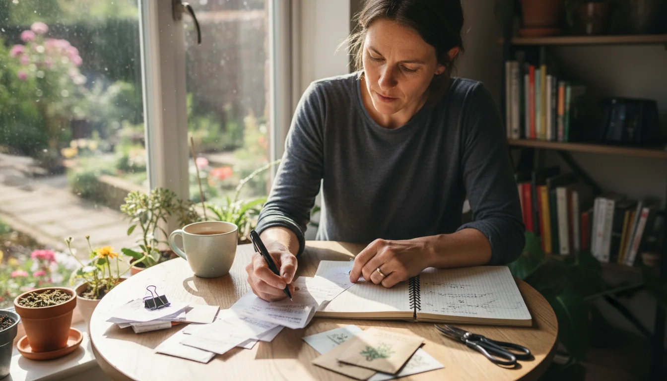 A person meticulously organizes gardening receipts and updates a budget in a notebook and on a laptop at a sunlit table.