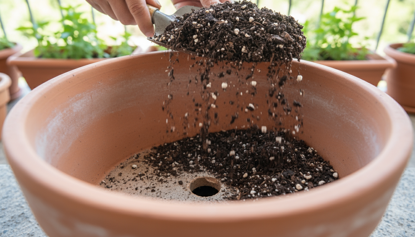 Person bottom-watering a Pothos in a terracotta pot on a small balcony, with a copper watering can nearby.