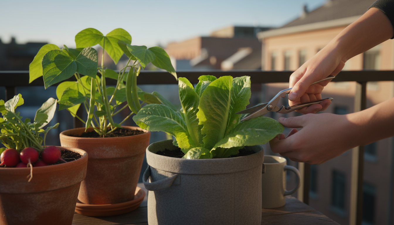 Hands gently placing fresh leafy greens into an airtight container on a kitchen counter, with unwashed tomatoes and green beans nearby, bathed in soft