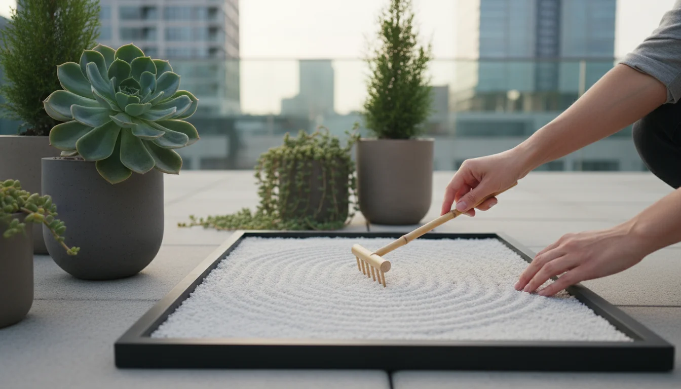 Person mindfully raking a small Zen gravel garden in a container on a tidy urban patio, surrounded by minimalist potted plants.
