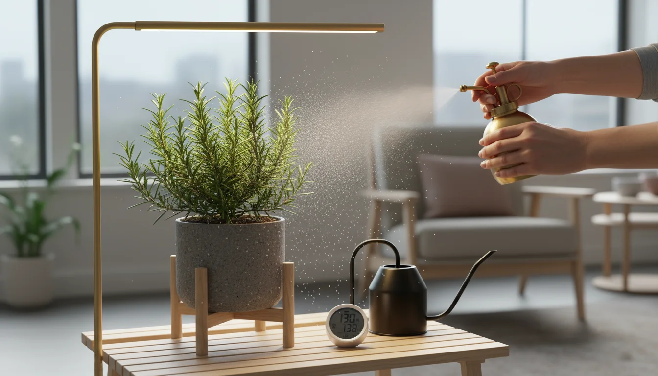 Person misting a potted rosemary under a grow light, with a watering can and humidity monitor nearby.