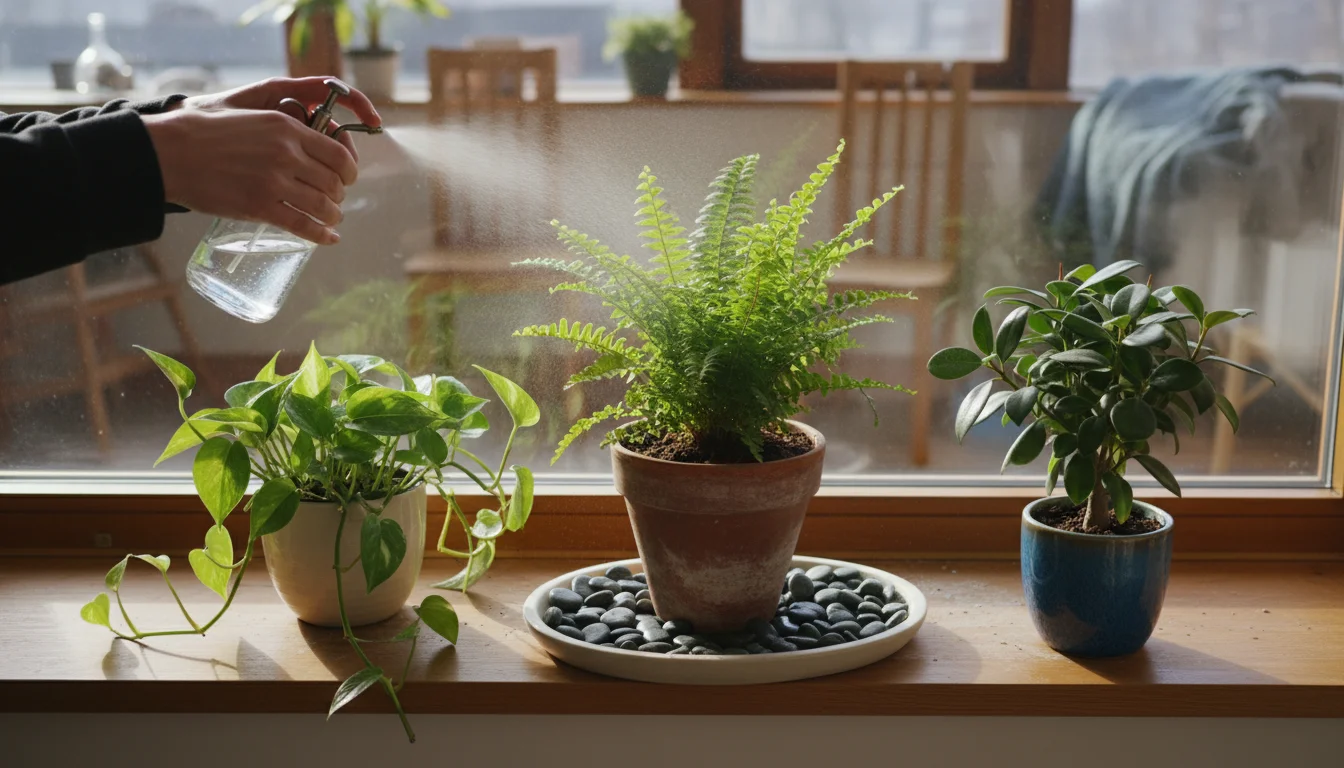 A person gently mists a fern on a pebble tray amidst other potted plants on a sunny windowsill, practicing winter plant care.