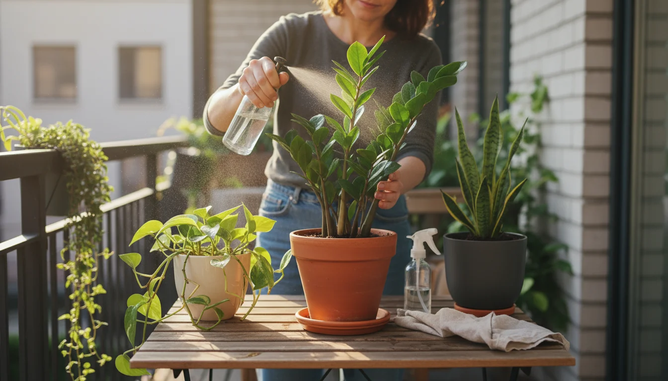 Person gently mists a glossy green ZZ plant on a rustic balcony table, surrounded by other well-kept container plants.