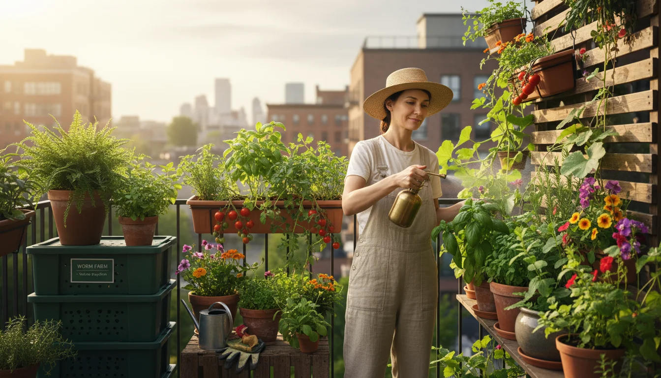 Person mists healthy basil on a sunlit balcony, thriving container garden and compact worm composting bin visible.