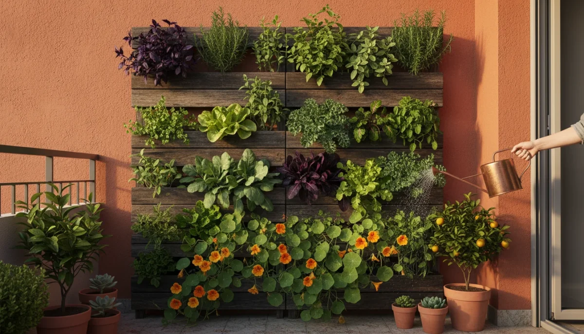 A person mists a lush vertical garden filled with herbs and greens on a sunny urban balcony wall, surrounded by small container plants.
