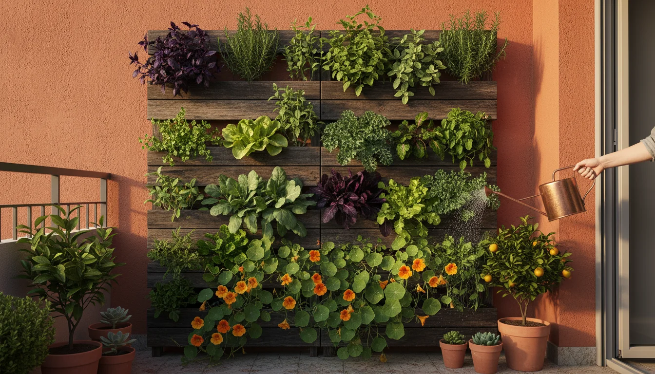 A person mists a lush vertical garden filled with herbs and greens on a sunny urban balcony wall, surrounded by small container plants.