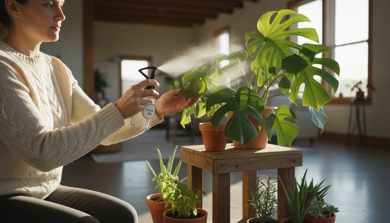 Person gently mists a monstera houseplant with a spray bottle on a sunlit balcony, surrounded by other small container plants.