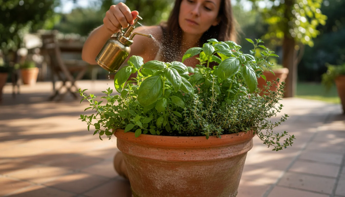 A person gently mists a terra cotta pot with thriving basil, oregano, and thyme on a sunny patio, showing attentive herb care.