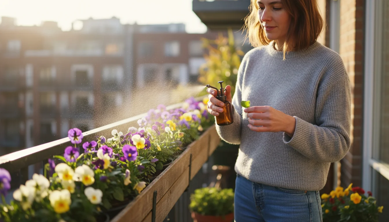 A person gently mists a window box full of purple and yellow pansies and violas with an organic pest spray on a sunny balcony.