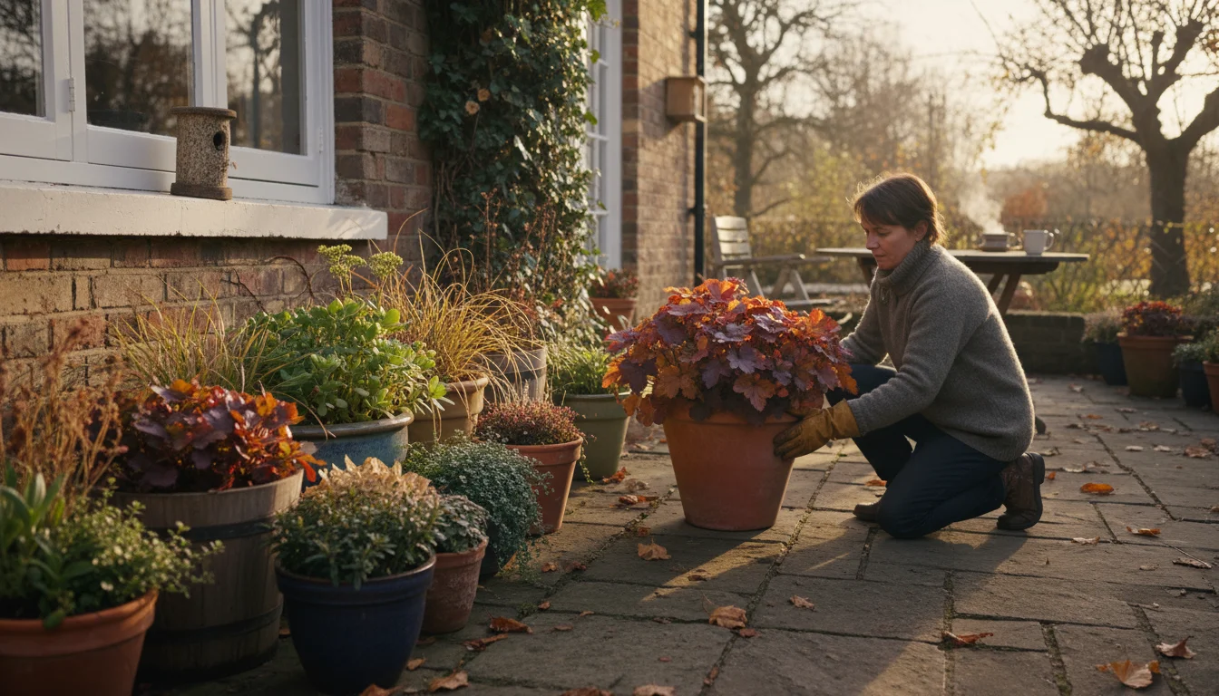 Person moves a Heuchera in a terracotta pot near a brick house foundation on a patio. Other pots are grouped for winter protection.