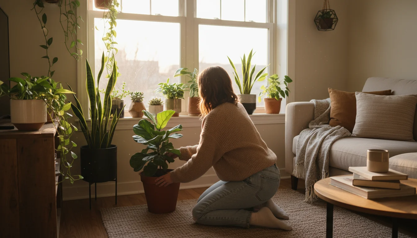 A person gently moves a potted Fiddle Leaf Fig towards a sunlit apartment window, surrounded by other container plants on a windowsill.