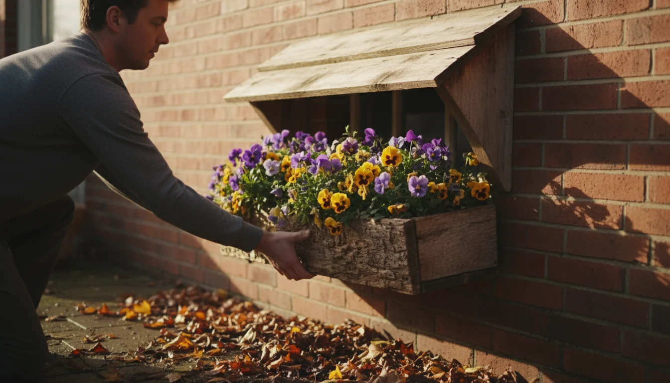 A person carefully moves a wooden window box with purple and yellow pansies under a house eave against a brick wall.