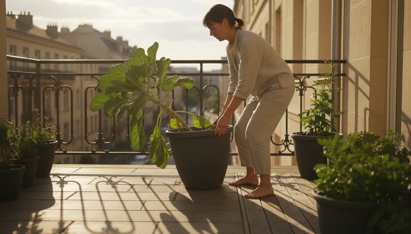 Person moving a Brussels sprout plant in a large grey pot on a sunny balcony, positioning it for more direct sunlight.