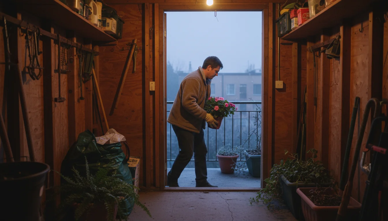 Person moving a potted impatiens plant from a chilly urban balcony into an unheated shed at twilight for frost protection.