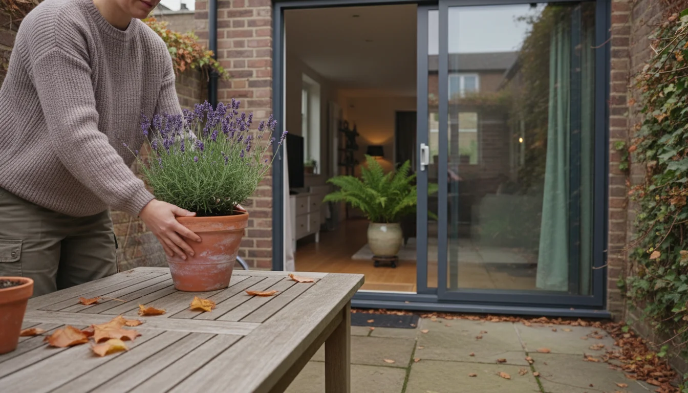 Person gently moving a potted lavender plant from an urban patio indoors through a sliding glass door for winter acclimation.
