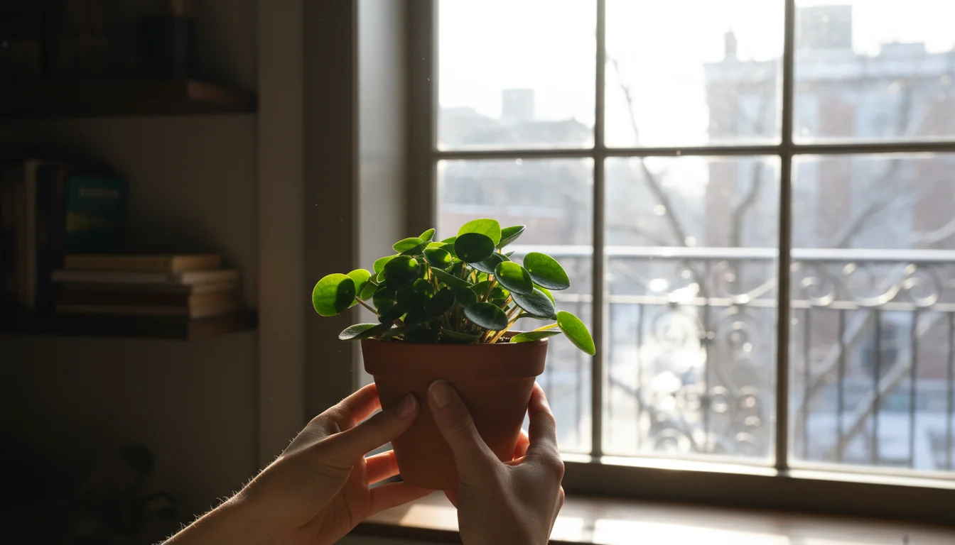 Person moving a small potted Peperomia from a dim shelf to a bright apartment window.