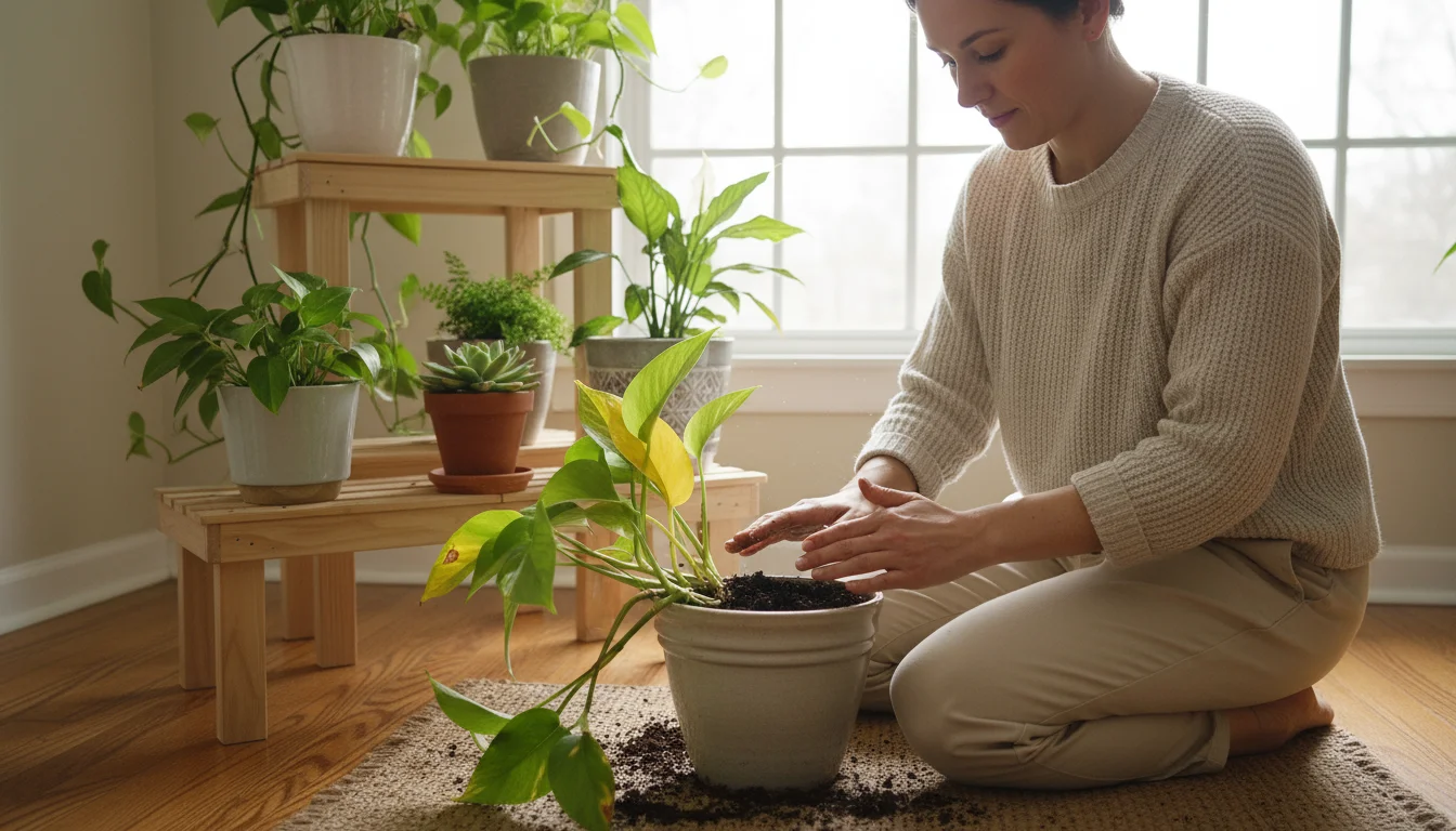 A person in a neutral sweater kneels, gently touching the soil of a potted Pothos with yellow leaves on a bright plant stand, surrounded by other indo