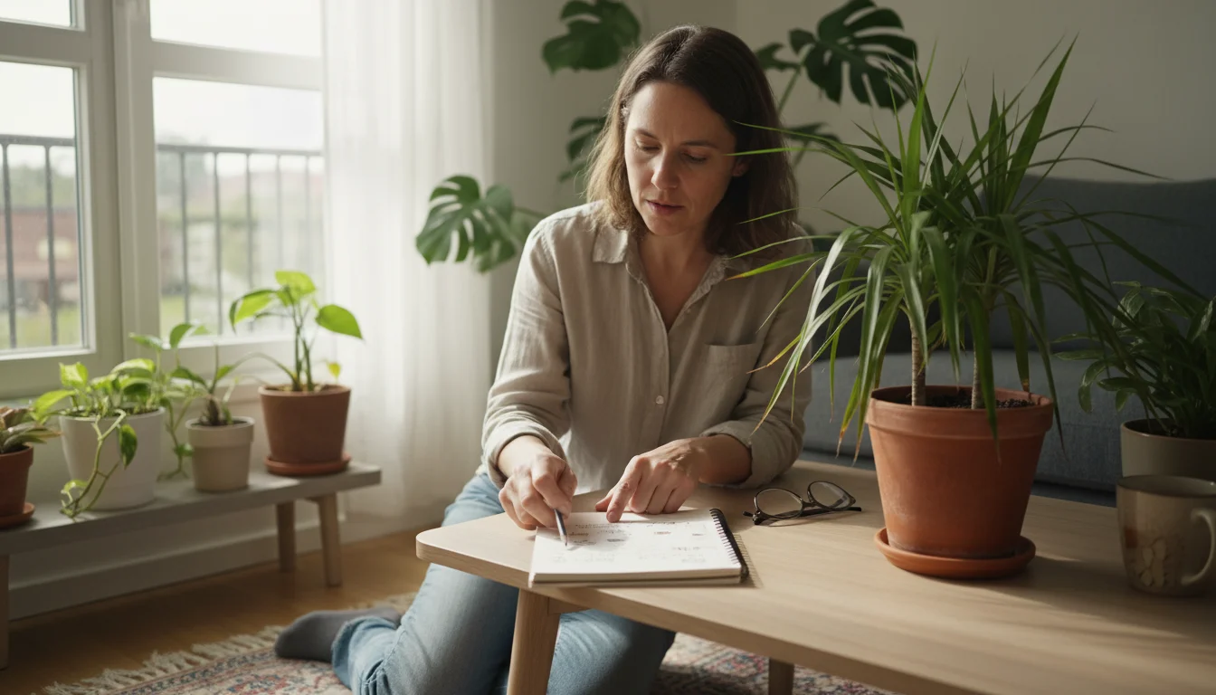 Person with notebook inspects a houseplant with yellowing leaves on a wooden table, surrounded by other potted plants.