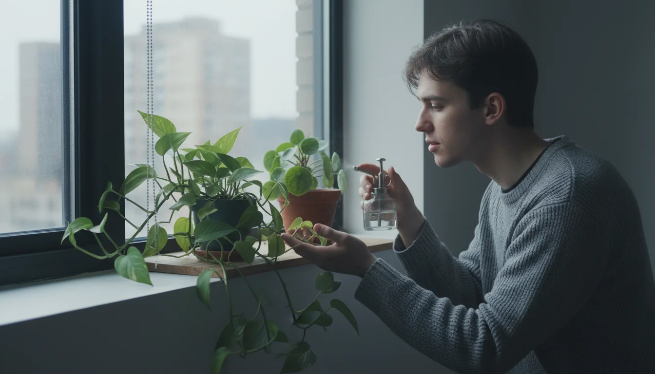 A person with a notebook observes small potted plants on a shelf beside a dim, north-facing window, assessing the low, diffused light.
