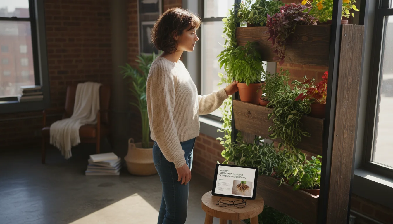 A person observes healthy plants on a vertical planter, with a tablet displaying gardening info nearby.