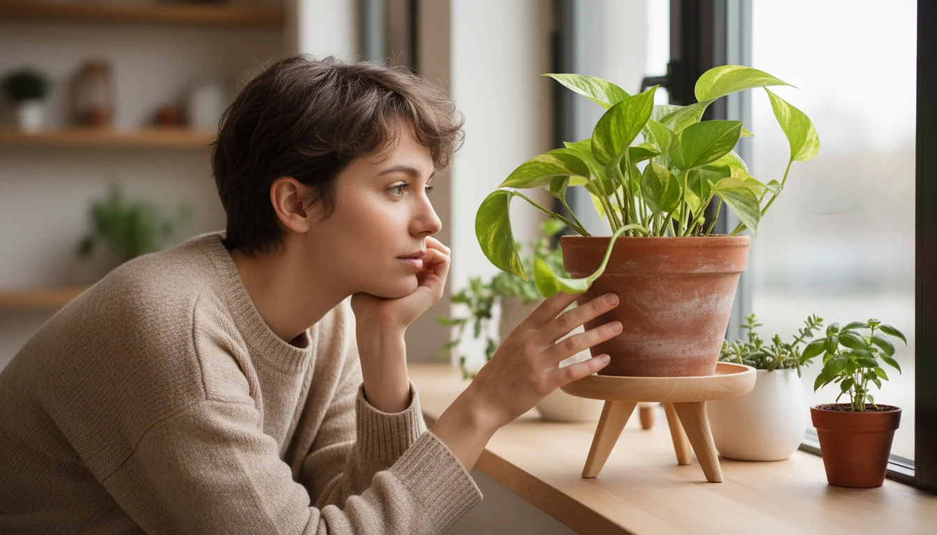 A person observes new growth on a Pothos plant in a terracotta pot on a multi-tiered stand, with moist soil and a watering can nearby.