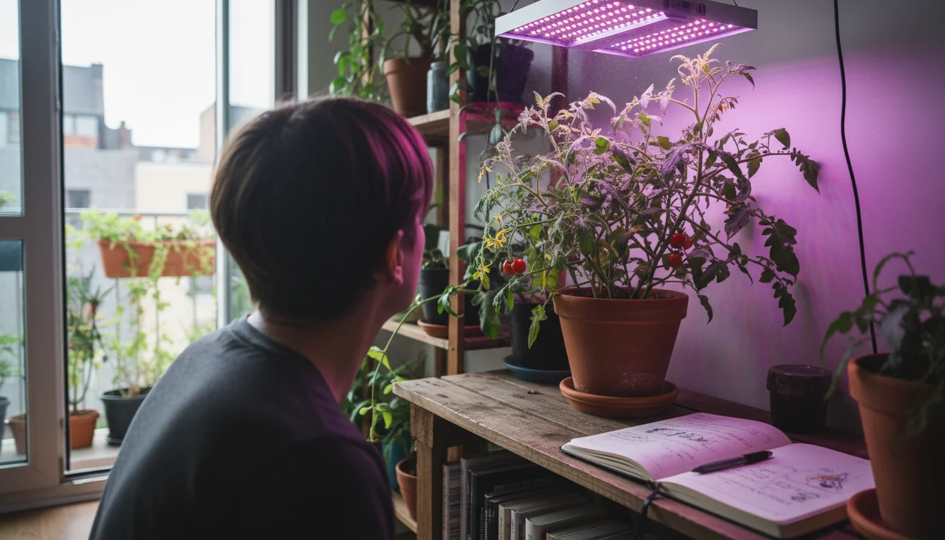 Person observing an indoor tomato plant under a grow light, next to an open gardening journal.