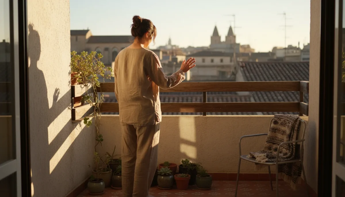 Person observing morning sun patterns on a small urban balcony with empty terracotta pots and a vertical planter, planning their garden layout.