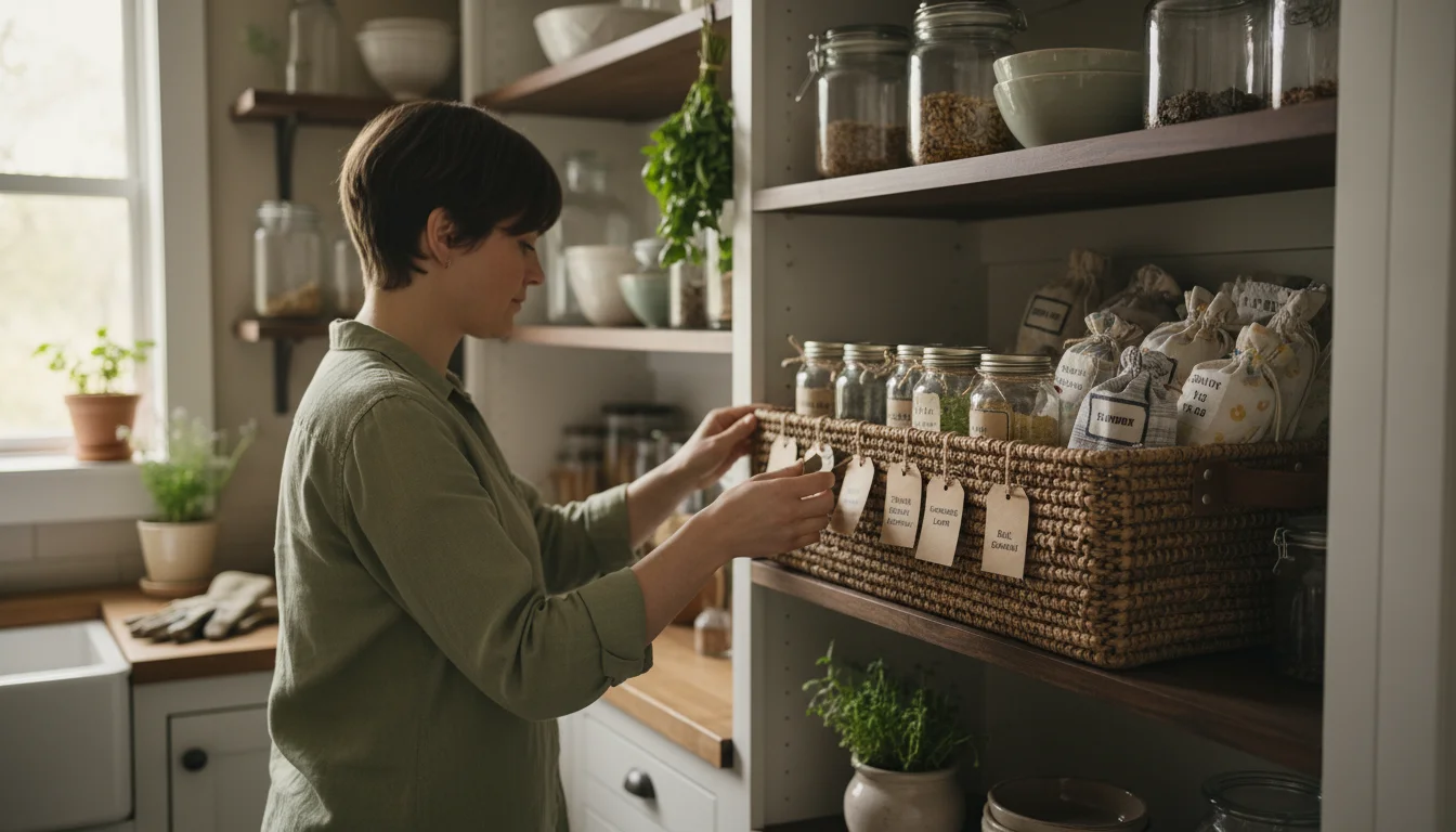 Person opens a pantry drawer revealing labeled jars and cloth bags of saved seeds. A closed refrigerator is subtly blurred behind them.