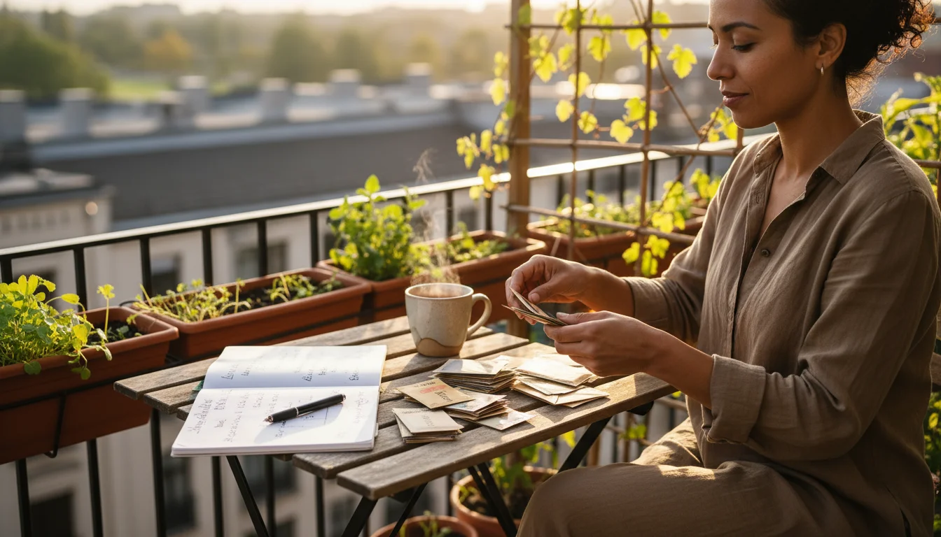Person organizing seed packets at a small balcony table with garden plans and dormant planters in the background.