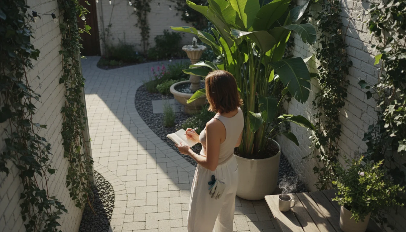 Person on a patio assesses sightlines and traffic flow, looking past a tall container plant along a clear pathway with a notebook.