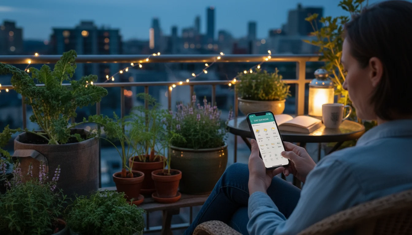 Person on a patio checking a weather app on their phone, with potted kale and carrots visible in various containers.