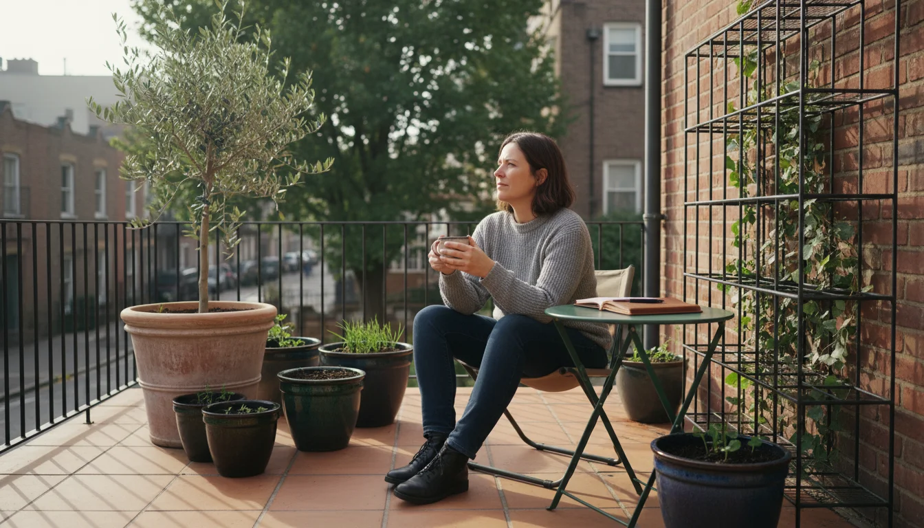 Person on patio contemplating design, surrounded by container plants, a vertical garden, and notebook.