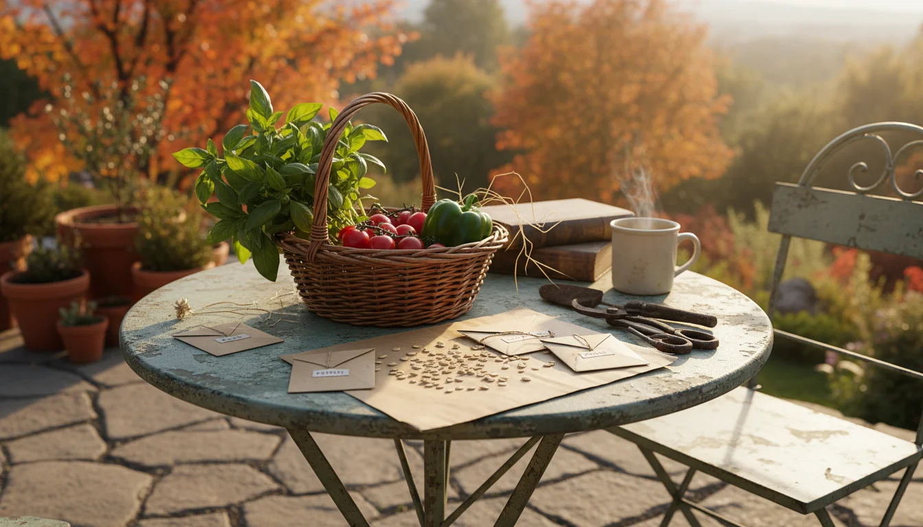Eye-level shot of a person at a patio table with a small late-fall harvest, drying seeds, and a gardening journal, surrounded by containers.