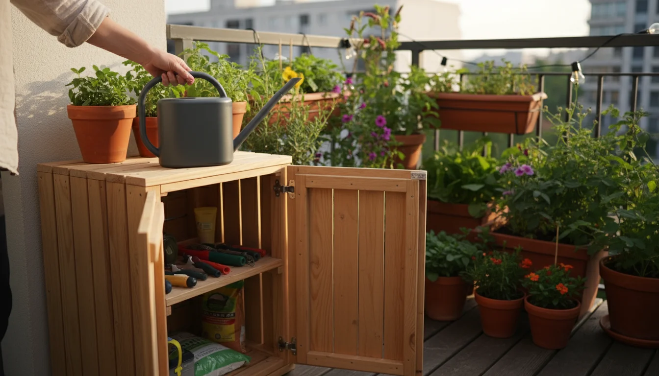 A person places a clean, empty dark grey watering can onto a shelf inside a compact wooden storage cabinet on an urban balcony.
