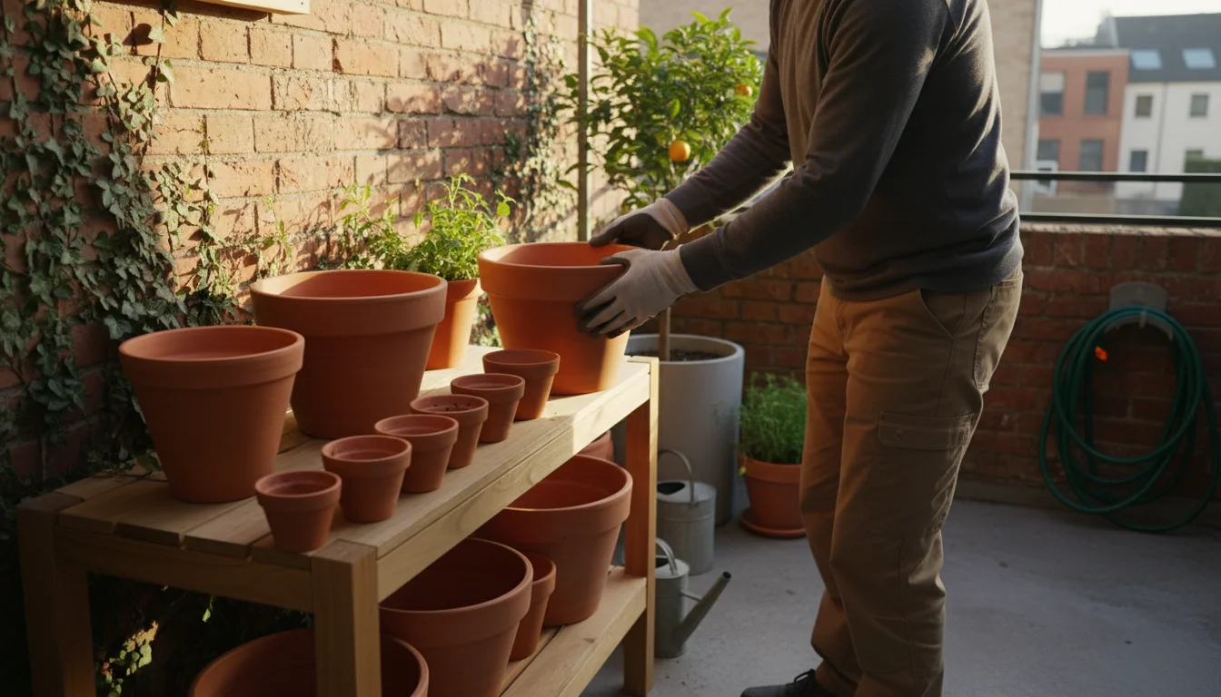 Person gently places a clean terracotta pot onto a wooden storage shelf alongside other neatly arranged pots on a small balcony.