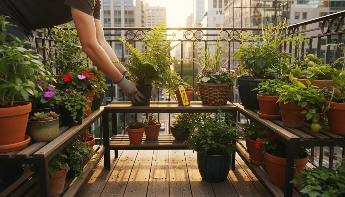 A person places a healthy potted fern into an urban balcony garden with diverse container plants on shelves, under warm sunlight.