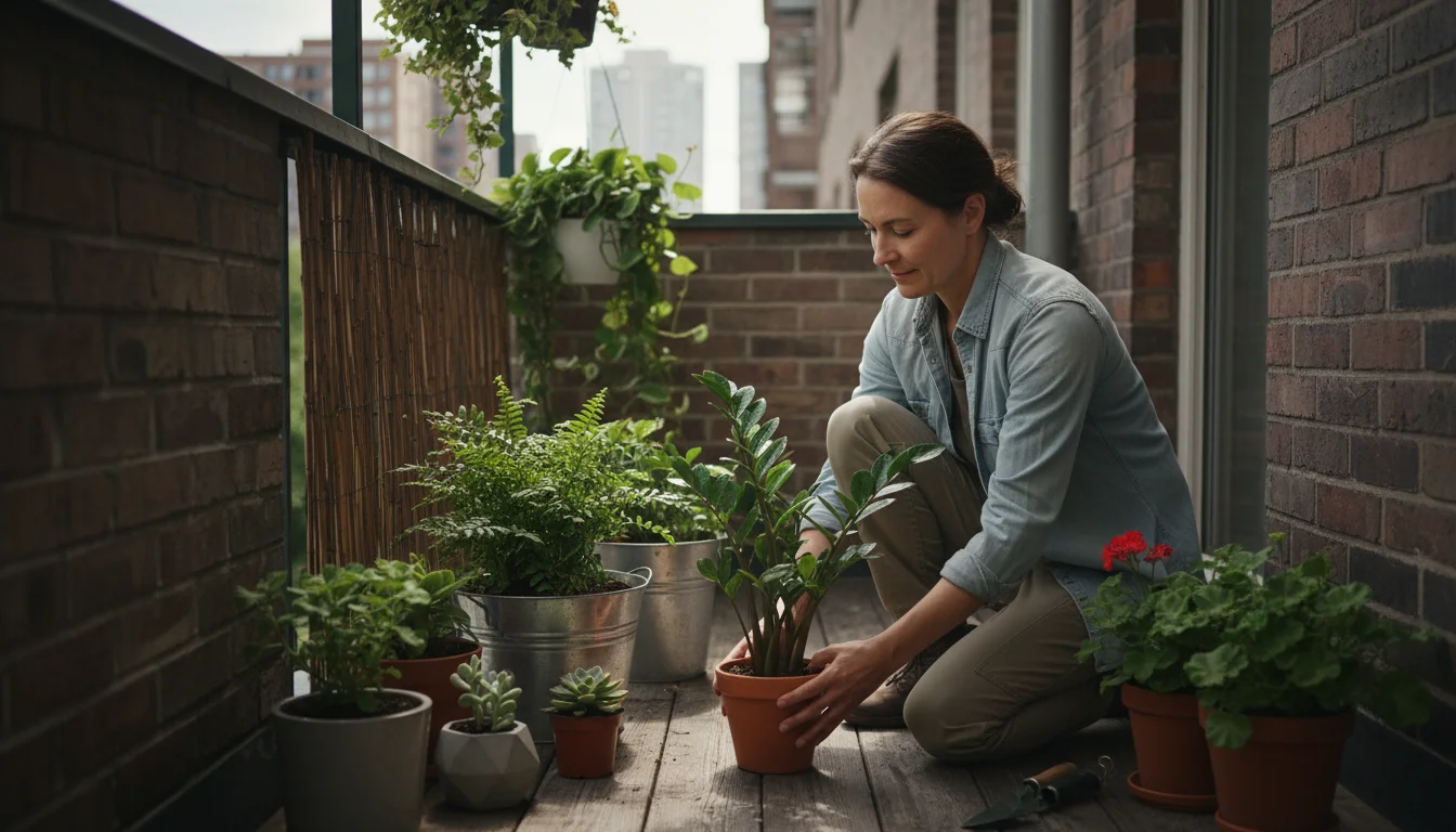 A person places a potted houseplant in a sheltered, partially shaded spot among other plants on a small urban patio.